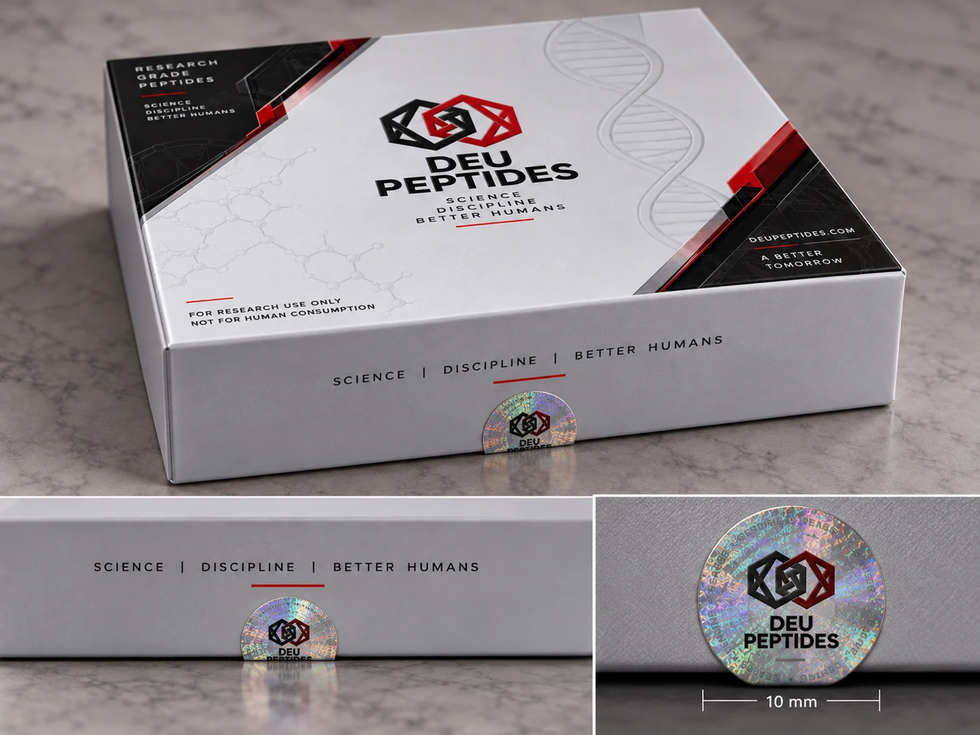 DEU Peptides circular holographic security seal across the rigid-box flap
