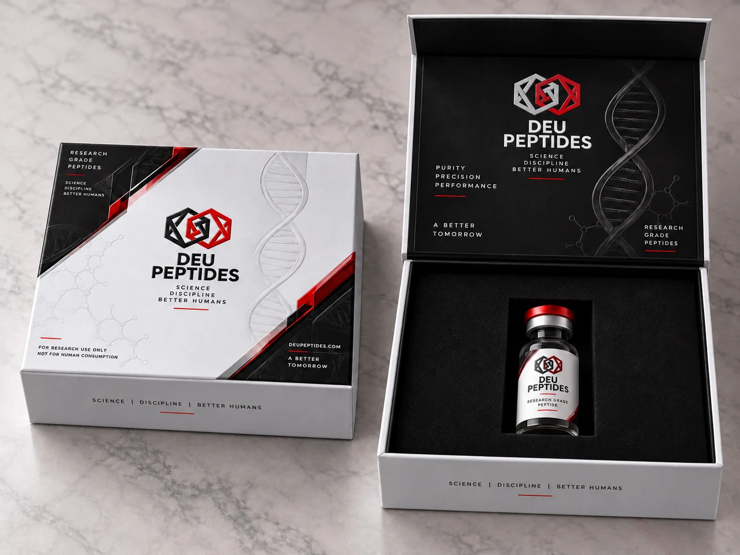 DEU Peptides new silver rigid box shown closed and open with one vial in a black EVA insert